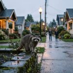 Een nieuwsgierige wasbeer op een muurtje in een woonstraat in Seattle die richting de camera kijkt