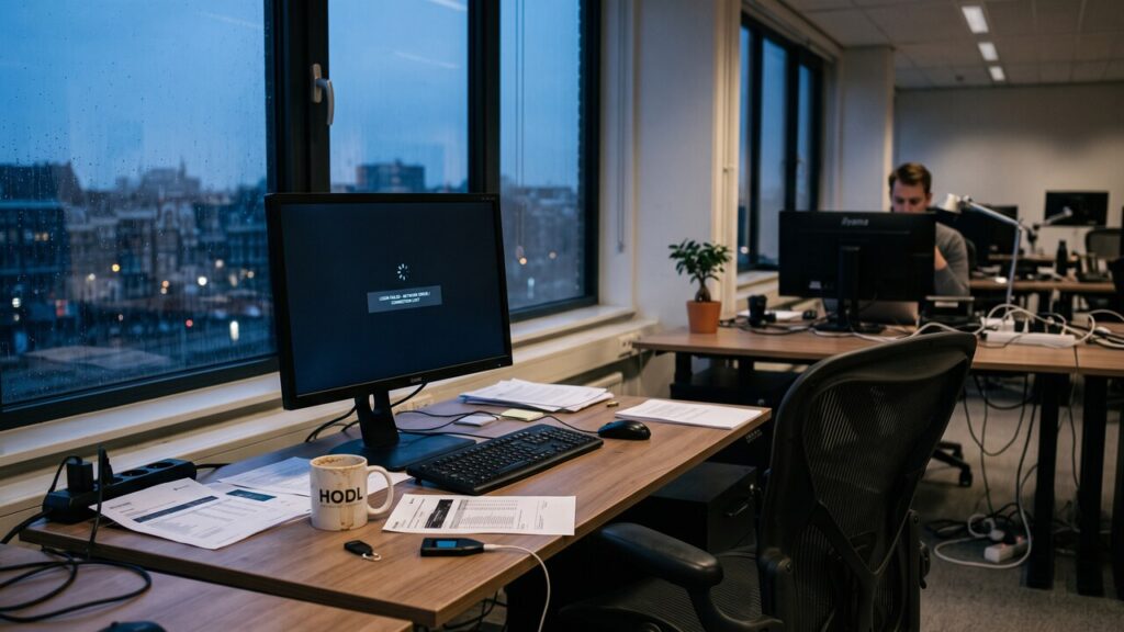 Verlaten kantoorwerkplek met een donker computerscherm, sfeerbeeld bij het faillissement van cryptoplatform Knaken