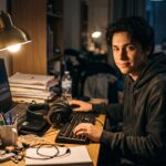 Jonge gamer installeert een gratis spel op een laptop aan een rommelig bureau in een schemerige kamer