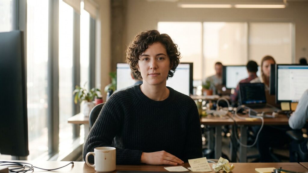 Een ontwikkelaar kijkt naar de camera aan een bureau in een tech-kantoor met meerdere schermen op de achtergrond