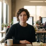 Een ontwikkelaar kijkt naar de camera aan een bureau in een tech-kantoor met meerdere schermen op de achtergrond