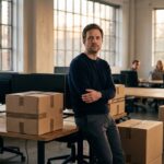Medewerker in een half leeggeruimd startup-kantoor met verhuisdozen kijkt richting de camera