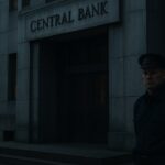 Streng ogend centraal bankgebouw in koel ochtendlicht met een bewaker bij de ingang