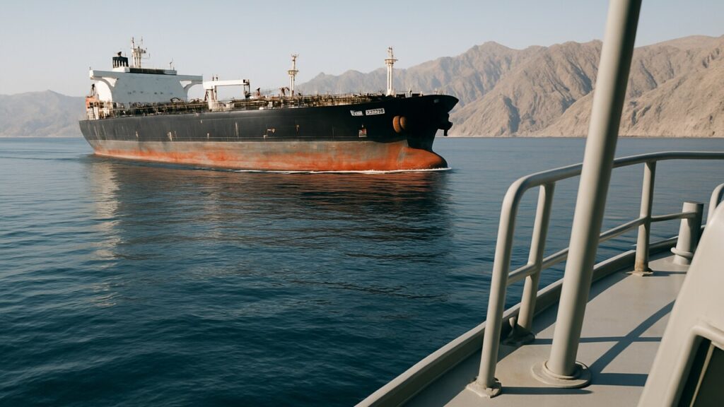 Een olietanker vaart door de smalle Straat van Hormuz met bergachtige kust op de achtergrond