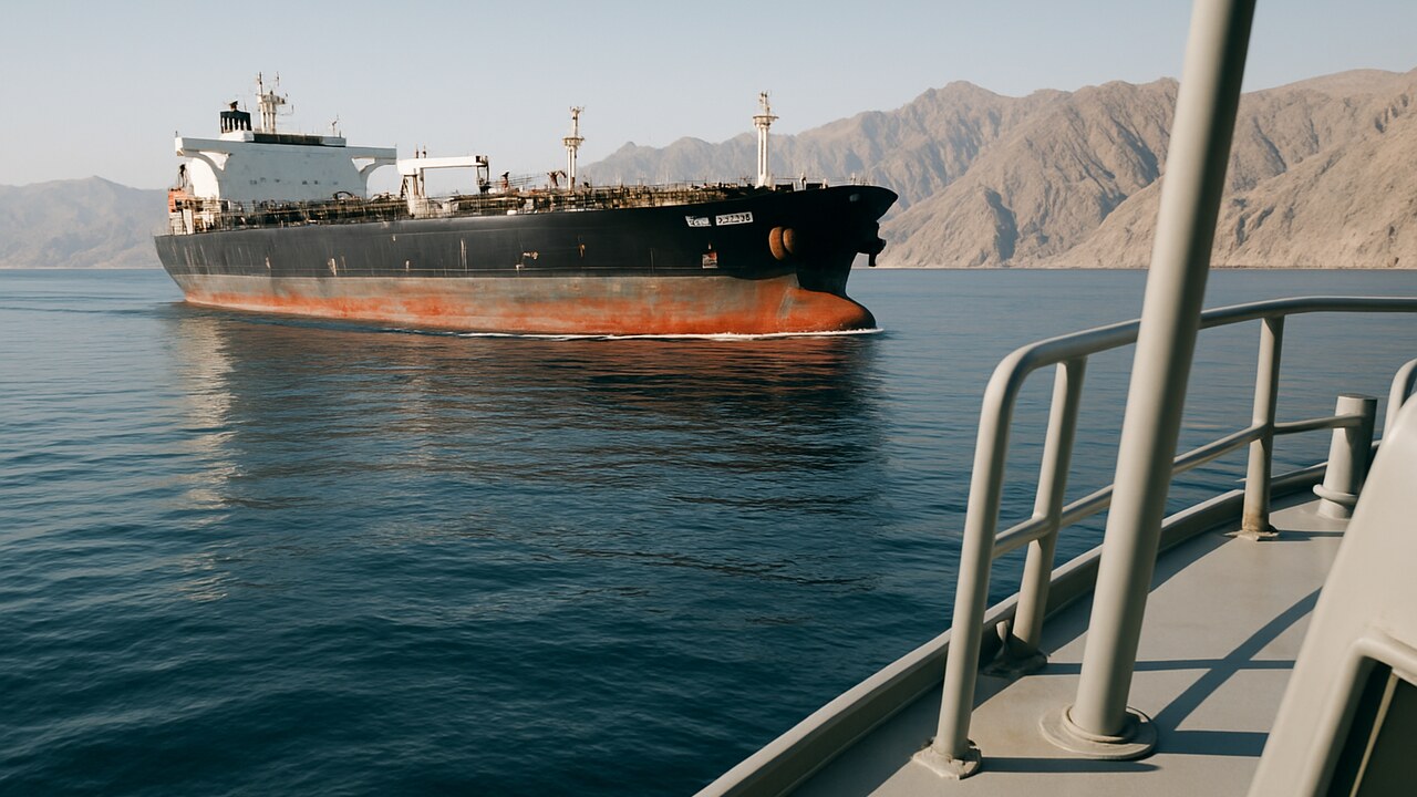 Een olietanker vaart door de smalle Straat van Hormuz met bergachtige kust op de achtergrond