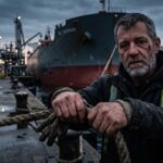 Havenarbeider met touw bij een olieterminal, tanker op de achtergrond