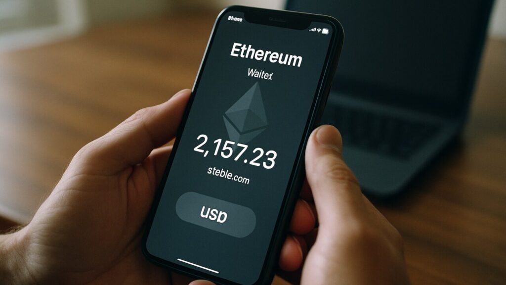 Handen houden een smartphone vast met een Ethereum-wallet en een stablecoinsaldo op het scherm