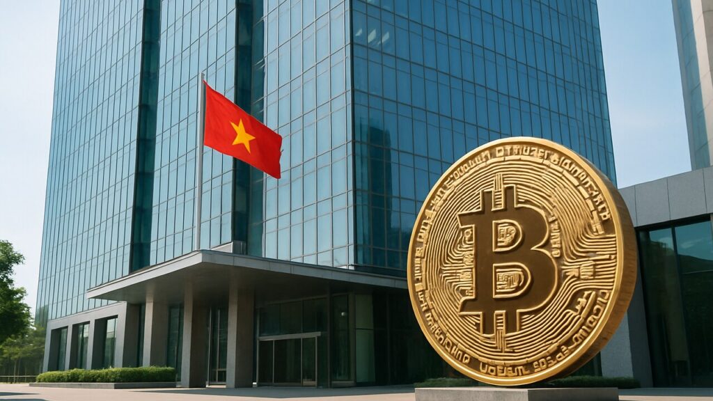 Modern kantoorgebouw in Ho Chi Minh City met de Vietnamese vlag ervoor bij daglicht