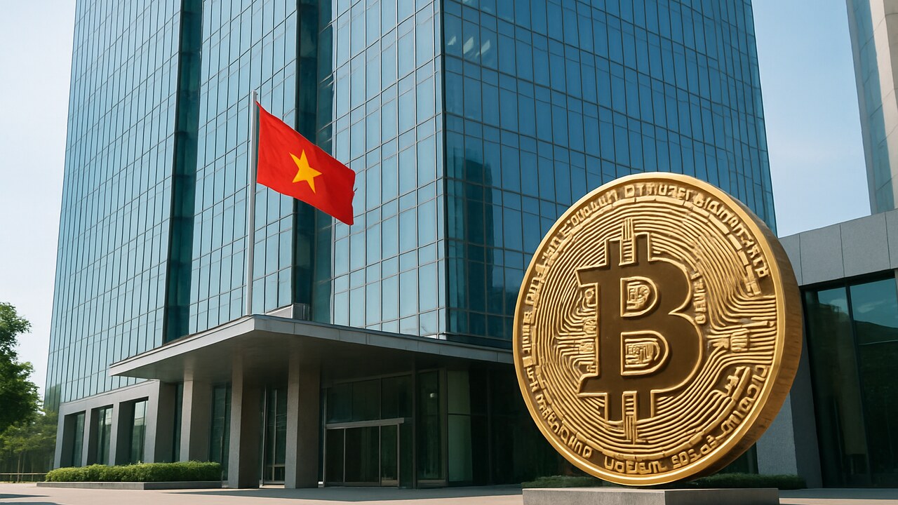 Modern kantoorgebouw in Ho Chi Minh City met de Vietnamese vlag ervoor bij daglicht