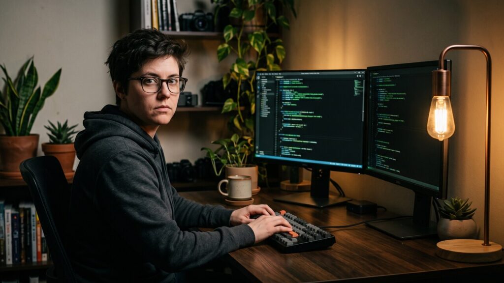 Anonieme ontwikkelaar achter twee schermen met code in een thuiskantoor, kijkend naar de camera