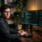 Anonieme ontwikkelaar achter twee schermen met code in een thuiskantoor, kijkend naar de camera