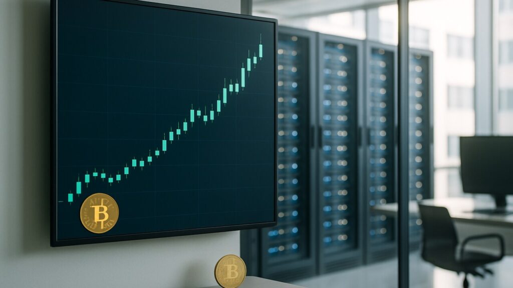 Serverruimte van een handelsfirma met datakasten en een koersscherm met stijgende groene grafiek