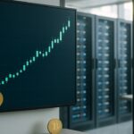 Serverruimte van een handelsfirma met datakasten en een koersscherm met stijgende groene grafiek