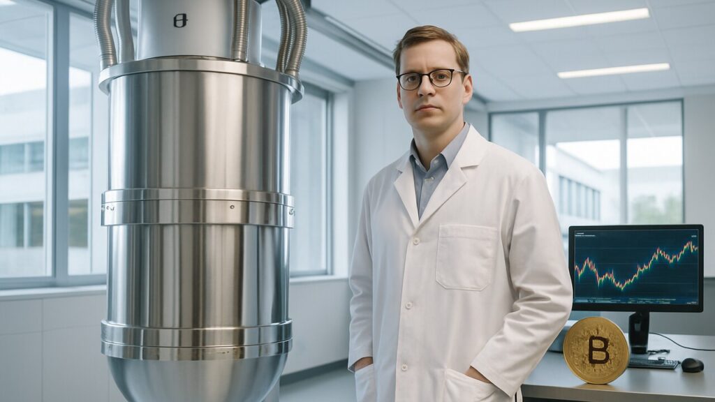 Een quantumcomputer in een onderzoekslaboratorium met een technicus ernaast, symbool voor de quantumdreiging voor crypto