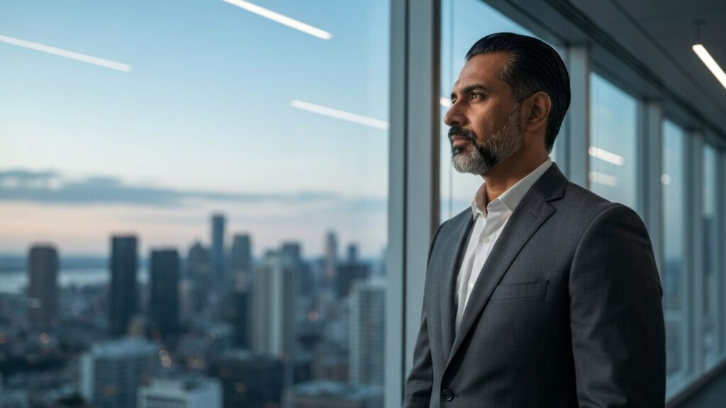 Een bedachtzame tech-CEO kijkt uit het raam van een modern kantoor bij schemering, symbool voor een moeilijke bedrijfsbeslissing