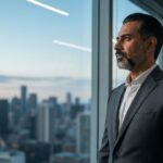 Een bedachtzame tech-CEO kijkt uit het raam van een modern kantoor bij schemering, symbool voor een moeilijke bedrijfsbeslissing