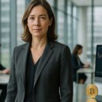 Zakelijke vrouw in een licht en modern bankkantoor kijkt richting de camera, symbool voor institutionele adoptie van RLUSD.