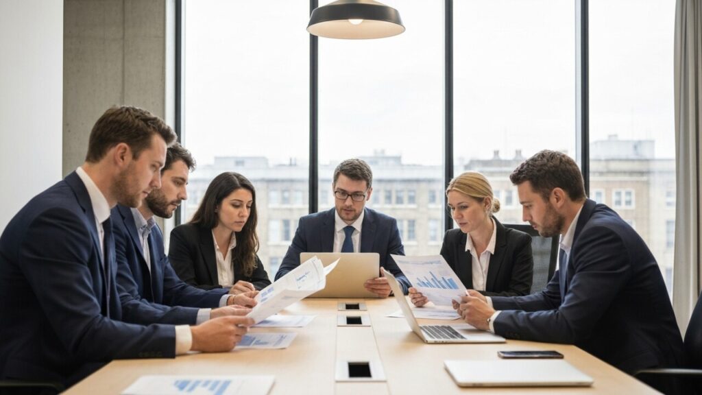 Financiele professionals bespreken rapporten aan een tafel in een Londens kantoor