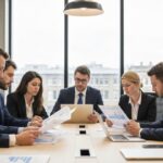 Financiele professionals bespreken rapporten aan een tafel in een Londens kantoor