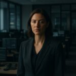 Vrouw in zakelijke kleding op een moderne bankvloer met werkstations op de achtergrond