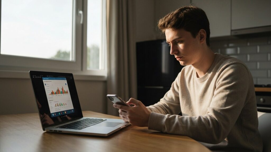 Jonge belegger controleert een beleggingsapp op een laptop en smartphone aan de keukentafel