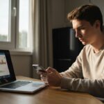 Jonge belegger controleert een beleggingsapp op een laptop en smartphone aan de keukentafel