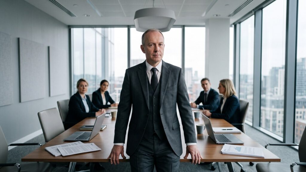 Anonieme financieel manager in een modern kantoor met vergadertafel, kijkend naar de camera