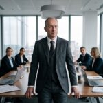 Anonieme financieel manager in een modern kantoor met vergadertafel, kijkend naar de camera