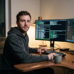 Anonieme ontwikkelaar achter twee schermen met programmeercode in een donker thuiskantoor