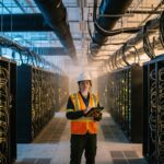 Een technicus in een groot datacenter met lange rijen serverracks, symbool voor het debat over de Bitcoin-blockchain