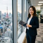 Financieel analist in een kantoor in Tokio kijkt richting de camera met de skyline op de achtergrond