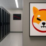 Datacenter met serverrekken en het Shiba Inu-logo op een wandpaneel