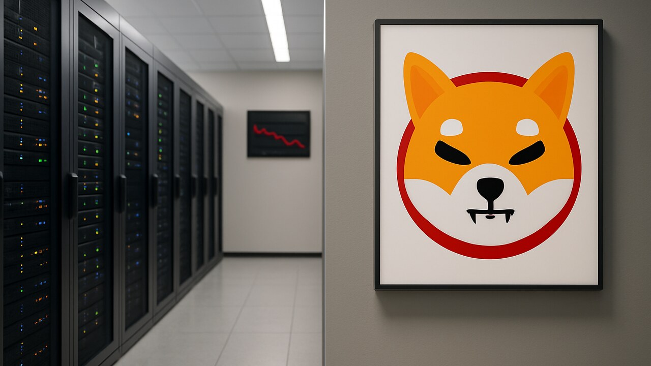 Datacenter met serverrekken en het Shiba Inu-logo op een wandpaneel