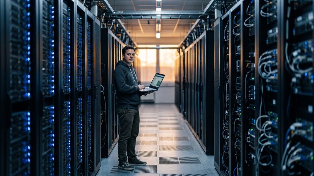 Technicus in een datacenter tussen serverracks, symbolisch voor de validators die Solana's Alpenglow-upgrade draaien