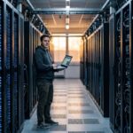 Technicus in een datacenter tussen serverracks, symbolisch voor de validators die Solana's Alpenglow-upgrade draaien