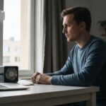 Iemand thuis achter een bureau met een klein Bitcoin-mijnapparaat naast een laptop