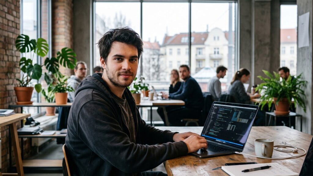 Jonge ontwikkelaar in een co-working ruimte kijkt naar de camera achter een laptop