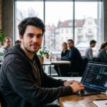 Jonge ontwikkelaar in een co-working ruimte kijkt naar de camera achter een laptop