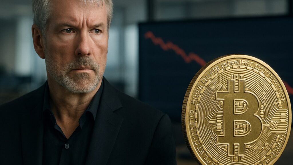 Michael Saylor van Strategy met een Bitcoin-munt voor een dalende koersgrafiek