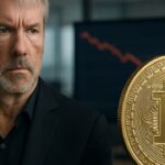 Michael Saylor van Strategy met een Bitcoin-munt voor een dalende koersgrafiek