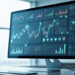 Modern beeldscherm met een financieel datadashboard en gloeiende netwerklijnen die digitale kapitaalstromen verbeelden