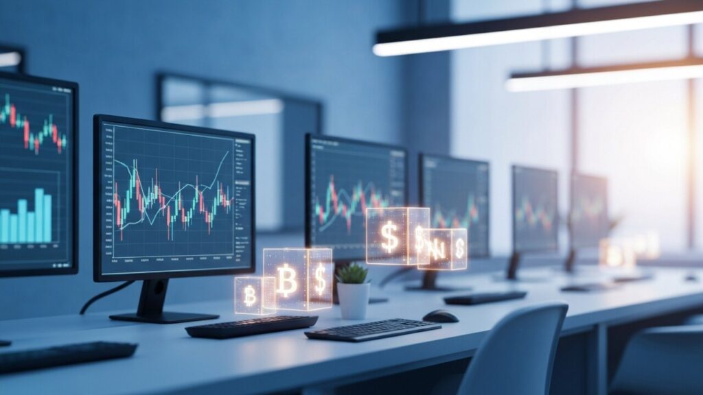 Modern handelsvloer met beeldschermen die abstracte grafieken en digitale blokken tonen, symbool voor tokenized assets