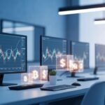 Modern handelsvloer met beeldschermen die abstracte grafieken en digitale blokken tonen, symbool voor tokenized assets