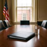 Formele vergaderzaal in een overheidsgebouw met een tafel, een dichtgeslagen dossiermap en een Amerikaanse vlag op de achtergrond