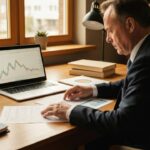 Een man in pak bekijkt financiële documenten en beursgrafieken op een laptop aan een bureau