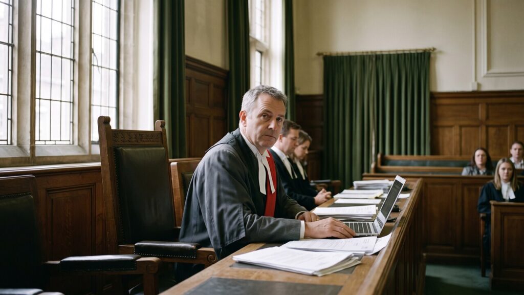 Een rechter in toga kijkt naar de camera achter een bureau in een rustige rechtszaal, met een laptop en documenten voor zich.