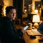 Anonieme persoon met een smartphone in een schemerige kamer, kijkend naar de camera, bij een geopende laptop