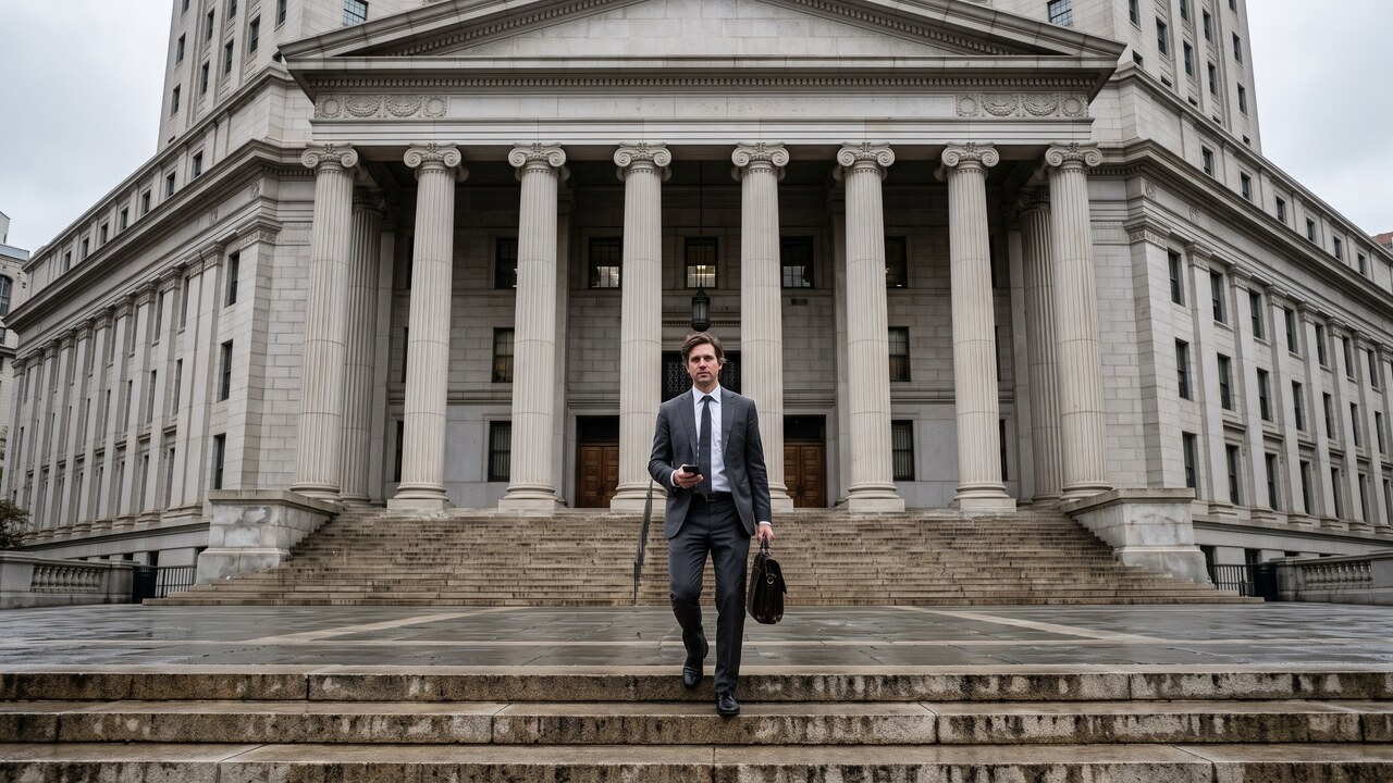 Een persoon loopt de trappen op van een Amerikaans justitiegebouw met hoge stenen zuilen