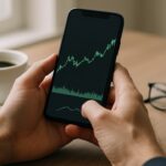 Handen met een smartphone die een licht stijgende cryptokoers toont op een rustig weekendbureau