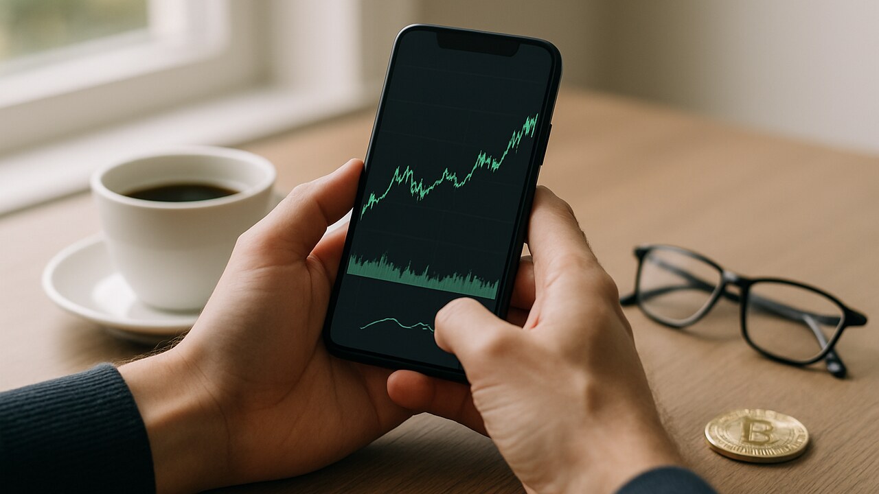Handen met een smartphone die een licht stijgende cryptokoers toont op een rustig weekendbureau